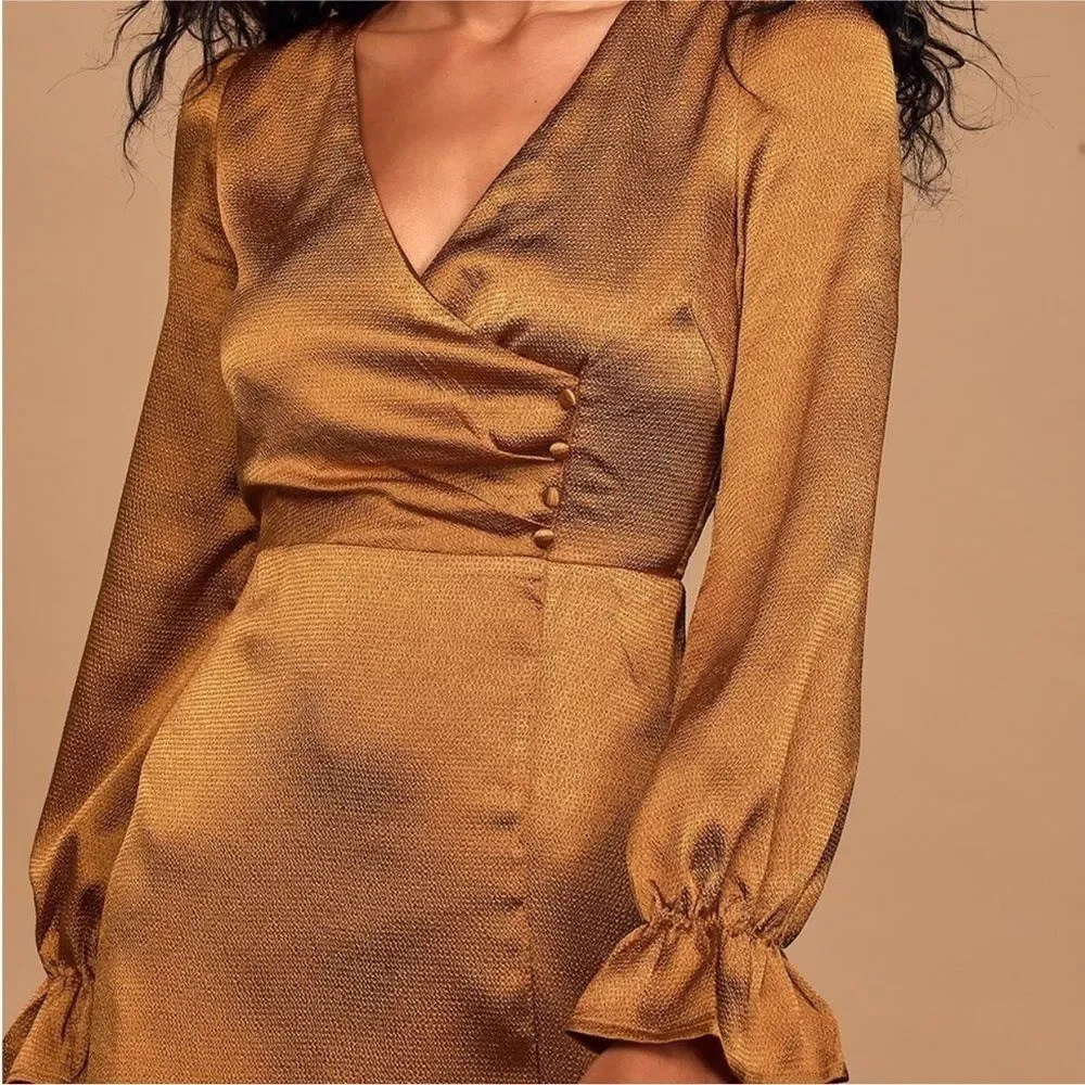 Lulu’s 4SI3NNA Brielle Bronze Satin Long Sleeve Midi Dress in Bronze Copper - Picture 3 of 14